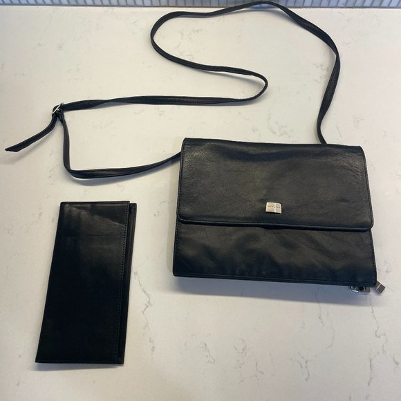 Perlina Black Leather Crossbody Bag‎ with built-in wallet and Checkbook Holder - Picture 1 of 8